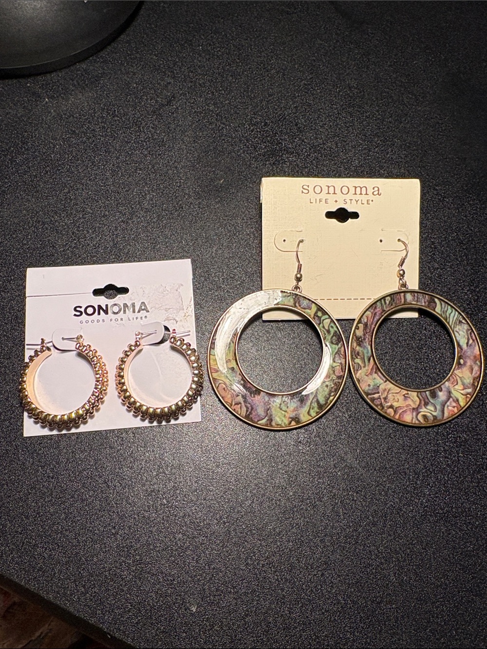 0179) Sonoma Gold Beaded Hoops & Abalone-Pattern Round Drop Earrings
